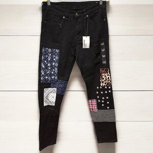 Rue21 men’s supreme flex skinny size 32 32L jeans black patchwork distressed new
